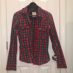 Hollister women’s button down in red and green.